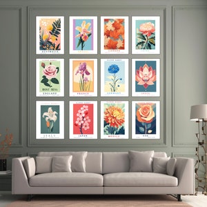 Flower market prints of 12 countries, Set of 12 prints, botanical print set,