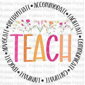 Puede incluir: Un fondo blanco redondo con un círculo negro en el centro. El círculo tiene la palabra "TEACH" escrita en letras grandes y coloridas. Las letras son naranja, rosa y amarillo. El círculo está rodeado por un anillo negro con las palabras "Advocate, Differentiate, Accommodate, Facilitate, Communicate, Collaborate,  and  Laminate" escritas a su alrededor. El fondo está decorado con pequeñas flores coloridas.