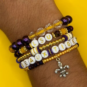 LSU Bracelet Stack - 5 beaded bracelets - Louisiana State University jewelry - grad gift for her - custom Christmas gift