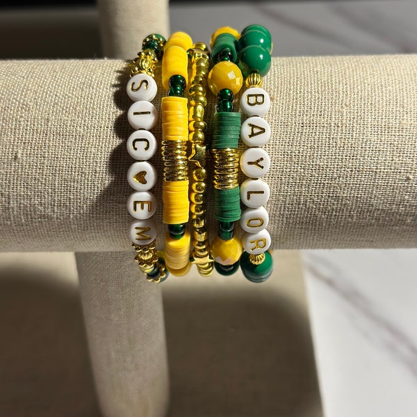 Baylor University Bracelet Stack - 5 bracelet set - Graduation gift for her green gold- customize jewelry - Sic em - custom Christmas gift