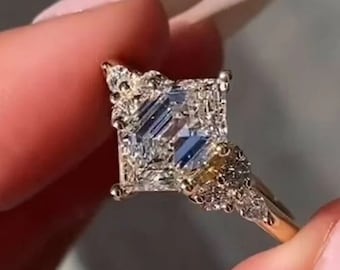 Vintage Style Art Deco Elongated Hexagon Cut Moissanite Engagement Ring 14K Yellow Gold Antique Jewelry Floral Cluster Diamond Ring Women