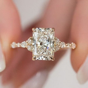 Double Halo Radiant Cut Moissanite Ring, 3Ct Radiant Cut Moissanite Ring, Ice Crushed Diamond Engagement Ring, Multi Diamond Moissanite Ring