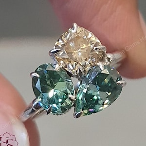 Three Stone Engagement Ring, Multi Shape Moissanite Ring, Custom 3 Stone Ring, Past-Present-Future Ring, Birthstone Ring, Color Diamond Ring