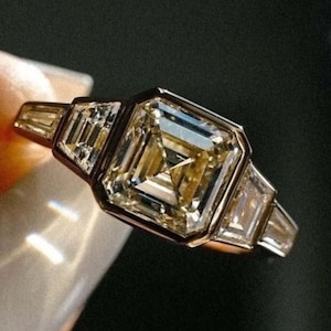 Bezel Set Asscher Cut Moissanite Engagement Ring, Asscher Cut Ring, Five Stone Wedding Ring, Side Tapper Baguette Ring, 14K Yellow Gold Ring