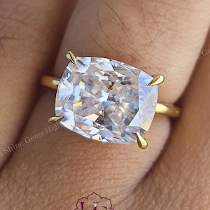 3.5CT East West Moissanite Ring, Cushion Cut Solitaire Ring, Minimalist Modern Engagement Ring,  Hidden Halo Ring, Bridal Ring, Promise Ring