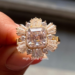 3 Ct Asscher Cut Vintage Style Wedding Ring, Starburst Halo Asscher Cut Moissanite Ring in 14K Solid Gold, Art Deco Engagement Ring for her
