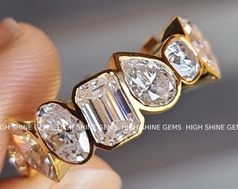 Multi Shape Eternity Wedding Band Bezel Set Moissanite Band Real Gold Wedding Band Unique Proposal Band Multi Stone Scattered Diamond Band