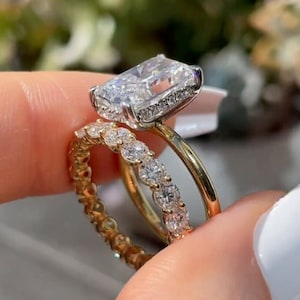 3CT Radiant Cut Moissanite Ring Set, Full Eternity Matching Wedding Band, Hidden Halo Bridal Ring Set, Anniversary Gift, Unique Radiant Ring