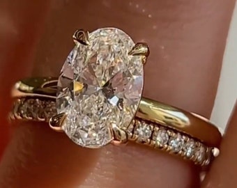 3 Ct Oval Cut Moissanite Wedding Ring Set, Moissanite Engagement Ring Set, Vintage Bridal Set, Art Deco Matching Bands, 14K Gold Ring Set