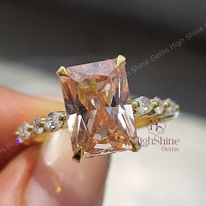 3CT Peach morganite Radiant Moissanite Engagement Ring, Color Moissanite Wedding Ring, Hidden Halo Moissanite Ring, Gemstone Pave Band Ring