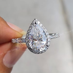 4CT Huge Pear Cut Engagement Ring, Large Pear Cut Moissanite Wedding Ring, Baguette U Prong Pave Band Ring, Pear Hidden Halo Diamond Ring