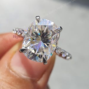 3CT Elongated Cushion Cut Moissanite Ring, Hidden Halo Ring, Big Cushion Cut Ring, Cushion Pave Band Ring,14K White Gold Ring, Proposal Ring