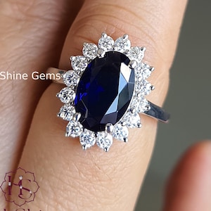 Blue Sapphire Moissanite Ring,14K Gold Princess Diana Engagement Ring, Cocktail Ring, Celebrity Party Wear Ring Gemstone Ring Oval Halo Ring