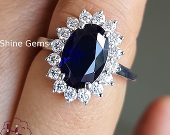 Blue Sapphire Moissanite Ring,14K Gold Princess Diana Engagement Ring, Cocktail Ring, Celebrity Party Wear Ring Gemstone Ring Oval Halo Ring