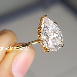 4 CT Pear Cut Hidden Halo Moissanite Ring, 10K Solid Yellow Gold Ring, Stackable Ring, Solitaire Diamond Ring, Proposal Ring, Prong Set Ring