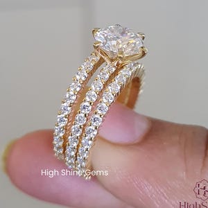 Three piece Round Moissanite Bridal Ring Set, Moissanite Wedding Ring Set, Matching Band,14K Solid Gold Full Eternity Band Ring Gift For Her