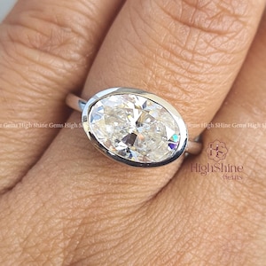 3CT East West Moissanite Ring, 14k Solid Gold Oval Moissanite Ring, Solitaire Bezel Set Ring, Daily Wear Ring, Proposal Ring, Dainty Ring