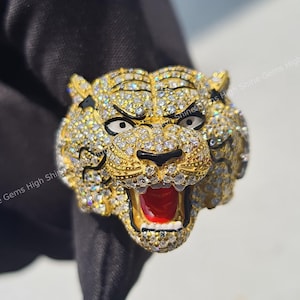VVS Moissanite Diamond Men's Ring, Hip Hop Letter Ring, Custom Moissanite Ring, Iced Out Tiger Face Ring, 3D Hip Hop Ring, Statement Rings