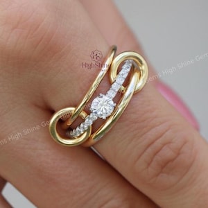 18K Gold Trendy Multi Link Mixed Metal Ring with White, Gold Stones, Spinelli Kilcollin Dupe, Non-Tarnish