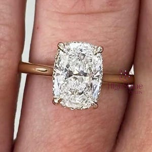 4CT langwerpige kussengeslepen verlovingsring, zilveren verborgen halo voorstelring statement ring, solitaire kussen diamanten ring, moissaniet ring