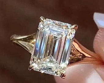 Anel de noivado de moissanita com corte esmeralda e haste dividida, ouro maciço 14k, 3 quilates, anel de casamento solitário para mulheres, anel de aniversário