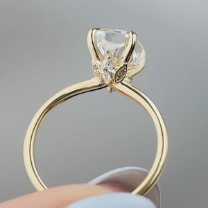 3CT Elongated Cushion Cut Engagement Ring Marquise Accent Tulip Set Ring Petal Prong Ring Hidden Halo Cushion Moissanite Ring Solitaire Ring