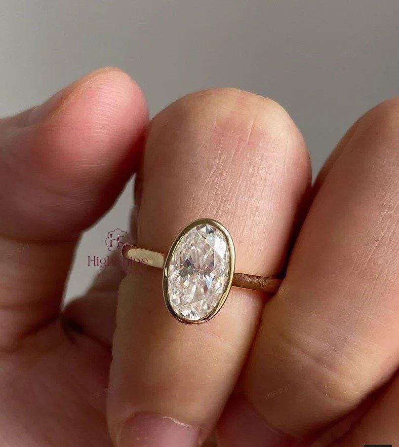 4CT Elongated Oval Cut Solitaire Bezel Set Ring, Oval Solitaire Ring,14K Solid Yellow Gold Bezel Diamond Ring,Custom Moissanite Diamond Ring