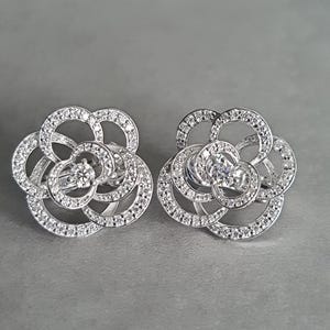 Round Moissanite Cluster Flower Stud Earrings, Flower Shape Earrings, Round Moissanite Omega Back Earrings, Gold Pave Set Diamond Earrings