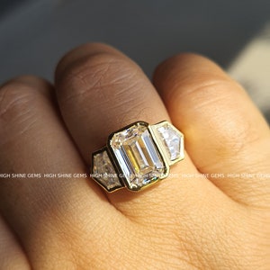 4 CT Emerald Cut Moissanite Trilogy/Trapezoid Side Stones/14k Solid Yellow Gold/Three Stone Ring/Engagement Ring/Anniversary Gift For Her image 6