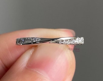 Aliança de casamento infinita em ouro branco 14K Twist, anel de noivado com diamante Mobius, anel minimalista em prata e diamantes, aliança plana com ajuste confortável