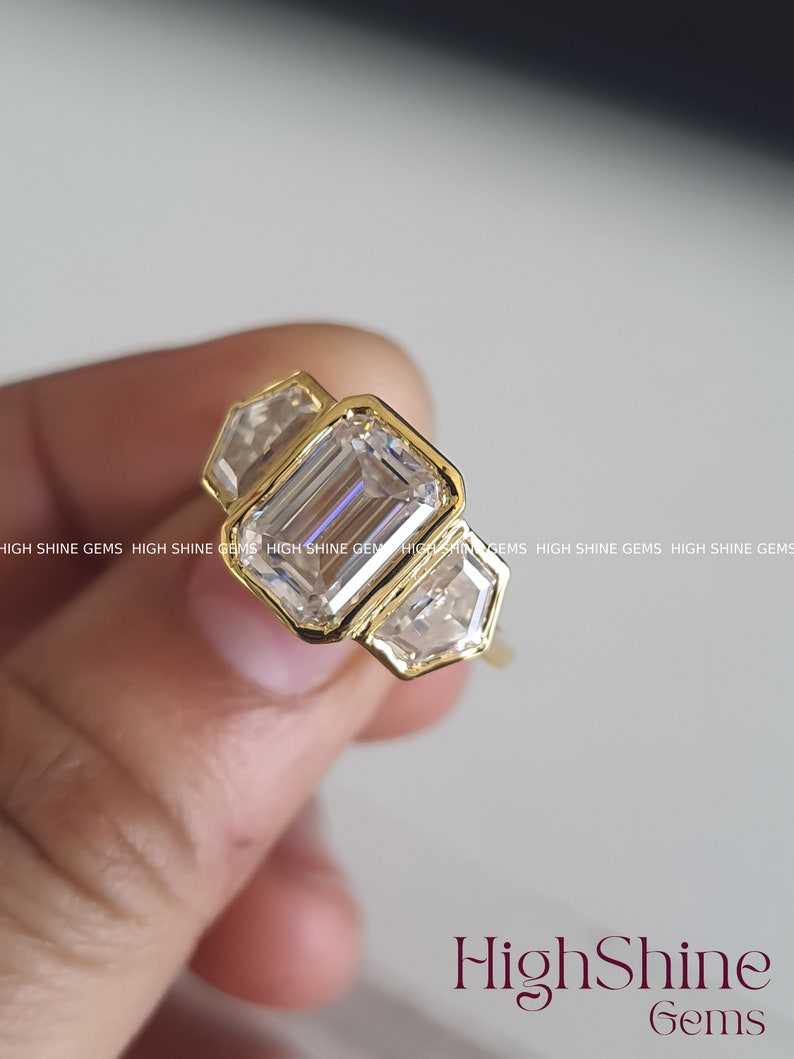 4 CT Emerald Cut Moissanite Trilogy/Trapezoid Side Stones/14k Solid Yellow Gold/Three Stone Ring/Engagement Ring/Anniversary Gift For Her image 2