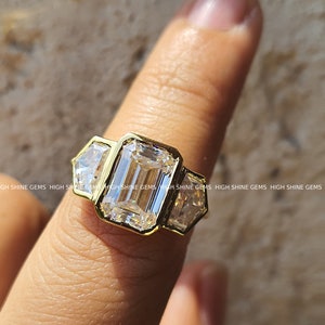 4 CT Emerald Cut Moissanite Trilogy/Trapezoid Side Stones/14k Solid Yellow Gold/Three Stone Ring/Engagement Ring/Anniversary Gift For Her image 1