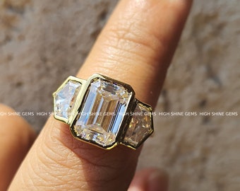 4 CT Emerald Cut Moissanite Trilogy/Trapezoid Side Stones/14k Solid Yellow Gold/Three Stone Ring/Engagement Ring/Anniversary Gift For Her