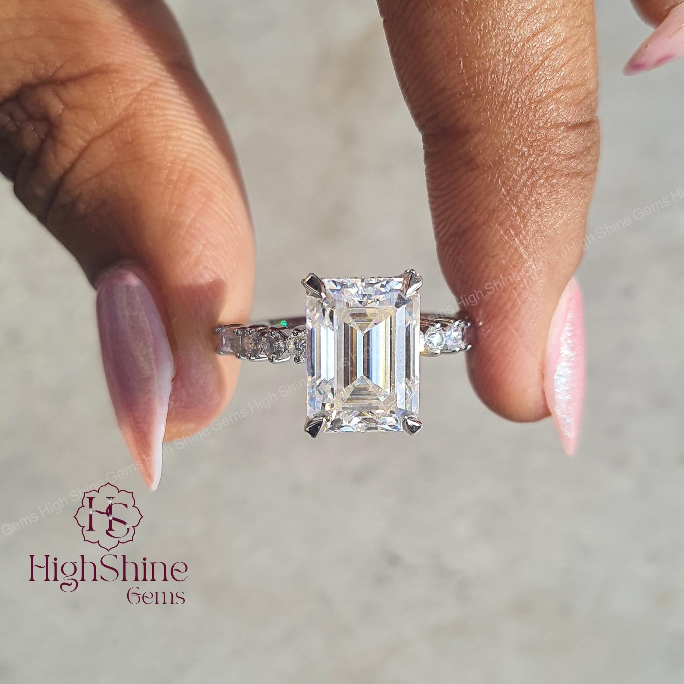 3CT Emerald Cut Moissanite verlovingsring verborgen halo