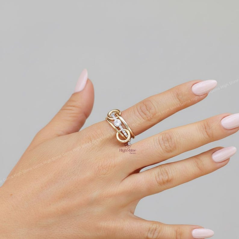 Link Connected Spinner Ring 14K Gold Round Moissanite Lab Diamond Design 10K Option Sterling Silver Fidget Band