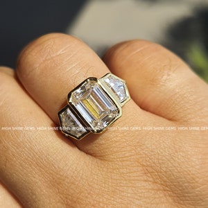 4 CT Emerald Cut Moissanite Trilogy/Trapezoid Side Stones/14k Solid Yellow Gold/Three Stone Ring/Engagement Ring/Anniversary Gift For Her image 5
