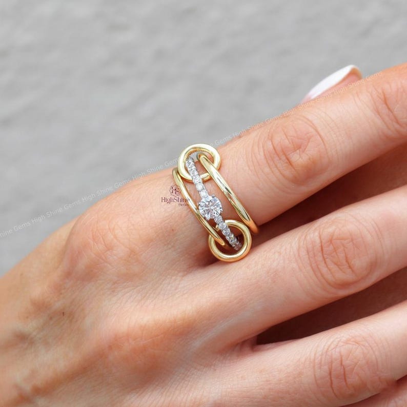 18k Gold Moissanite Chain Linked Band Ring In Solid Silver moissanite linked Band, Handmade Statement Stacking Band For Women Gift