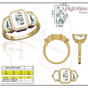 4 CT Emerald Cut Moissanite Trilogy/Trapezoid Side Stones/14k Solid Yellow Gold/Three Stone Ring/Engagement Ring/Anniversary Gift For Her image 8