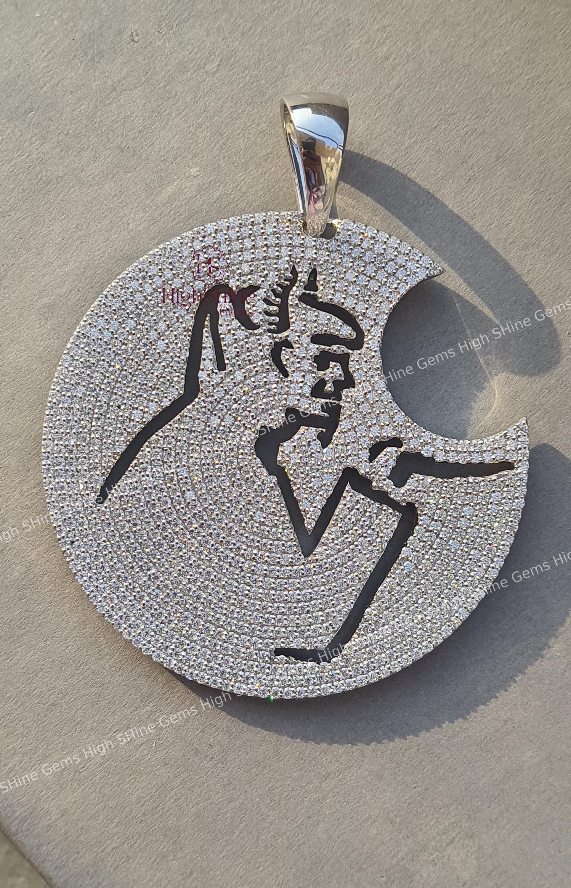Crescent Moon Rapper Fully Iced Out Moissanite Circle Pendant, 925 Sterling Silver Crescent ...