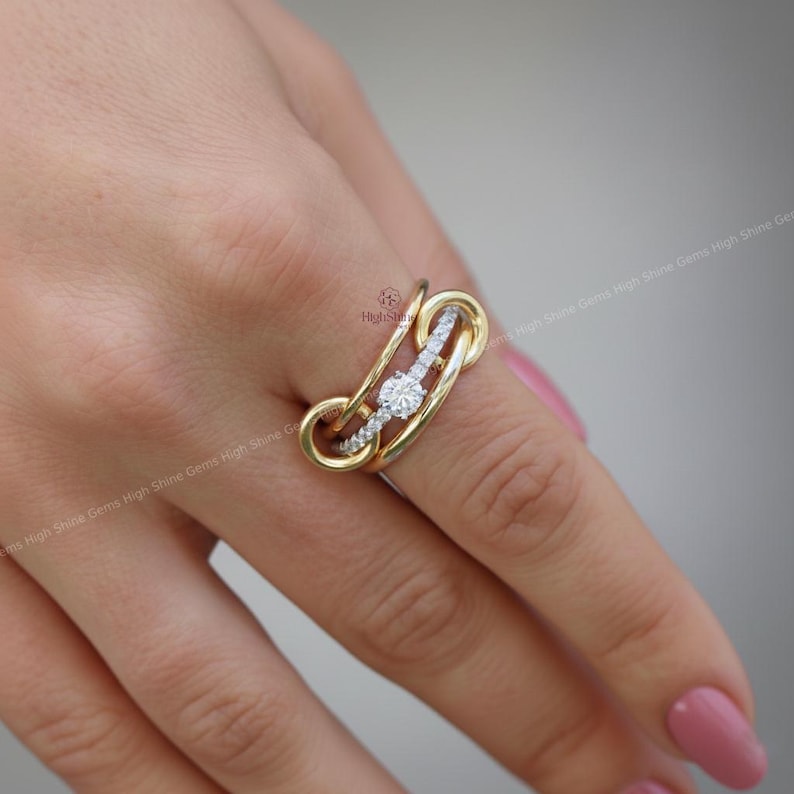 18K Gold Trendy Multi Link Mixed Metal Ring with White, Gold Stones, Spinelli Kilcollin Dupe, Non-Tarnish