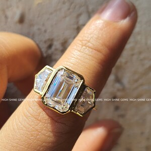 4 CT Emerald Cut Moissanite Trilogy/Trapezoid Side Stones/14k Solid Yellow Gold/Three Stone Ring/Engagement Ring/Anniversary Gift For Her image 4