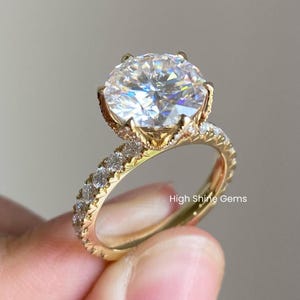 4CT Large Round Cut Moissanite Engagement Ring, Solitaire Tulip Set Ring Big Diamond Ring Hidden Halo Ring Anniversary Ring Art Deco Ring