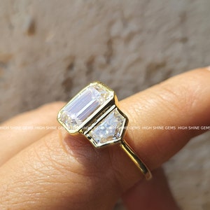 4 CT Emerald Cut Moissanite Trilogy/Trapezoid Side Stones/14k Solid Yellow Gold/Three Stone Ring/Engagement Ring/Anniversary Gift For Her image 3