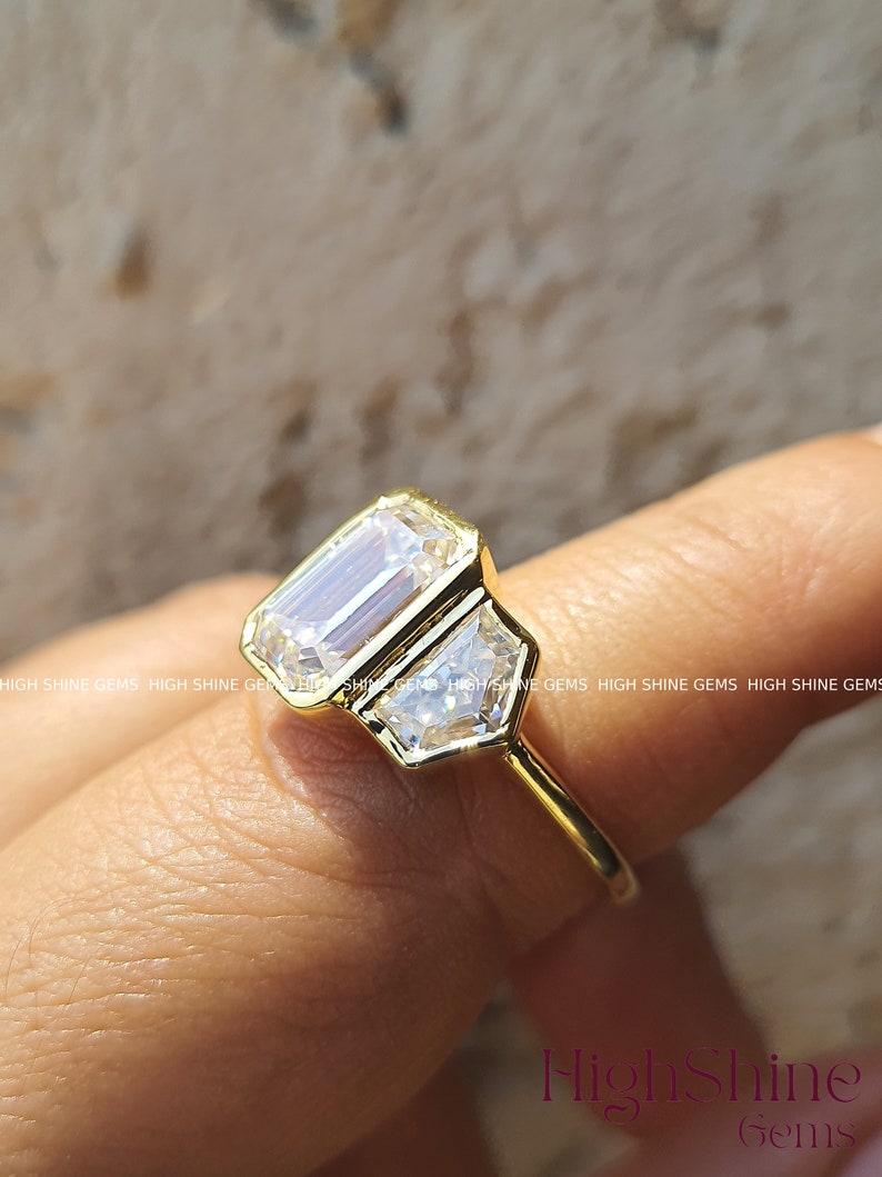 4 CT Emerald Cut Moissanite Trilogy/Trapezoid Side Stones/14k Solid Yellow Gold/Three Stone Ring/Engagement Ring/Anniversary Gift For Her image 3