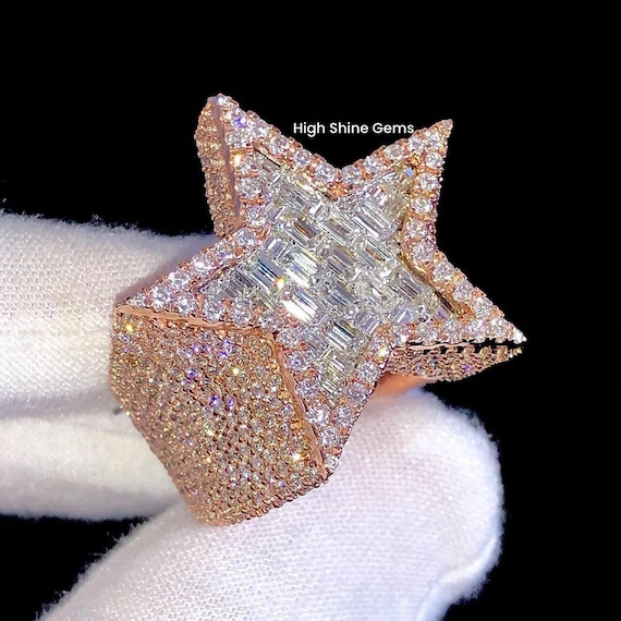 Men's 925 Sterling Silver Iced Out Hip Hop Star Design Ring,14K Solid Gold  Bust down Bling Ring, Customized Baguette Diamond Rapper Ring