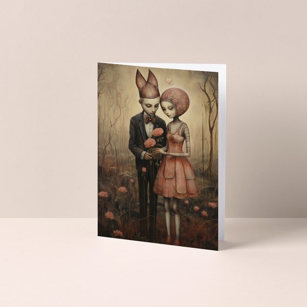 Surreal odd couple in unusual landscape - greeting card  |  Valentines, Anniversary, Romance, Love