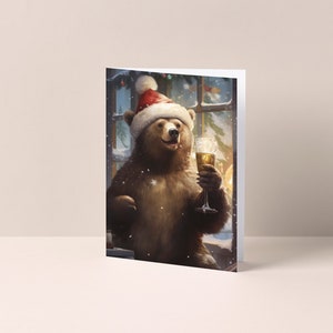 Grizzly Bear wearing Santa Hat raising a glass - Christmas Card