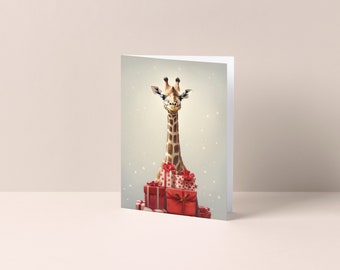 Glückliche Giraffe mit einem Stapel Geschenke - Weihnachts- oder Geburtstagskarte