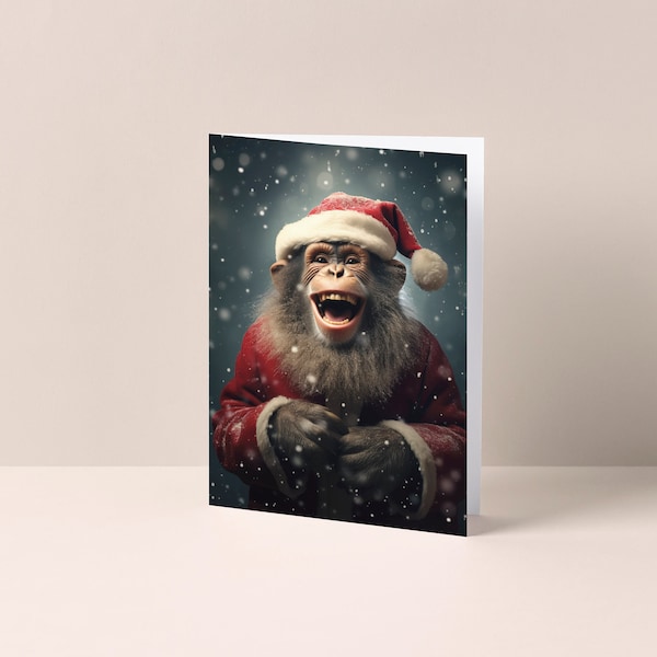 Chimpanzee Monkey with a Santa Suit and Hat - Christmas Card