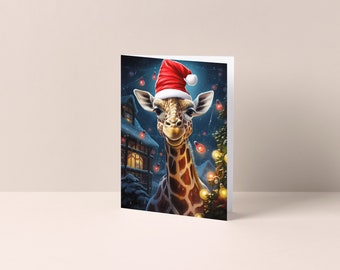 Giraffe lugt durch Weihnachtsdekoration mit Nikolausmütze - Weihnachtskarte